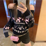 Deeptown Schwarz Süße Vintage Off Schulter Frauen Pullover Stickerei Langarm Koreanische Mode Schlank Stricken Pullover Casual Winter So ist Leben
