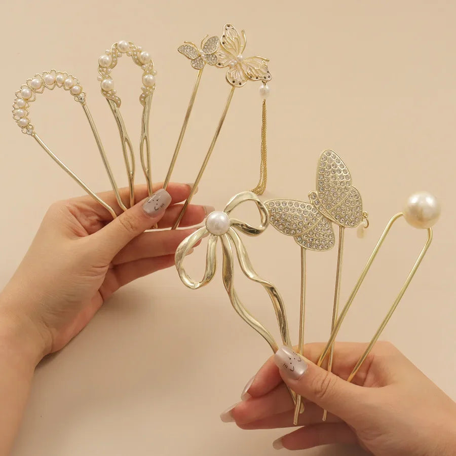 U-förmige Haarnadel aus Metall, Perlen-Schmetterlings-Haar-Accessoire, neuer chinesischer Stil, antikes Gefühl, hochwertige florale Step-Rock-Haarnadel So ist Leben