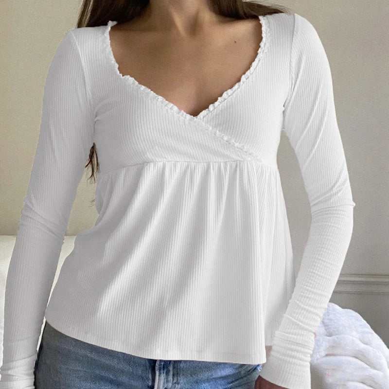 Coquette Vintage Milkmaid Pullover T-Shirts Süßes Y2K geripptes Babydoll Langarm Top Preppy Rüschenbesatz V-Ausschnitt T-Shirt Herbstkleidung So ist Leben