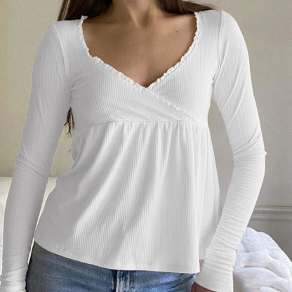 Coquette Vintage Milkmaid Pullover T-Shirts Süßes Y2K geripptes Babydoll Langarm Top Preppy Rüschenbesatz V-Ausschnitt T-Shirt Herbstkleidung So ist Leben