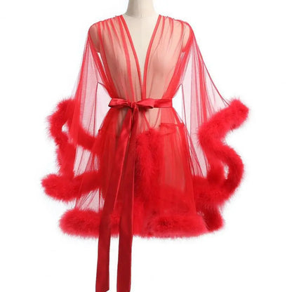 Damen-Nachthemd mit Plüschbesatz, ultradünn, durchsichtig, Netzrüschen mit verstellbarer Taille, einfarbig, Pyjama-Party-Nachtwäsche So ist Leben