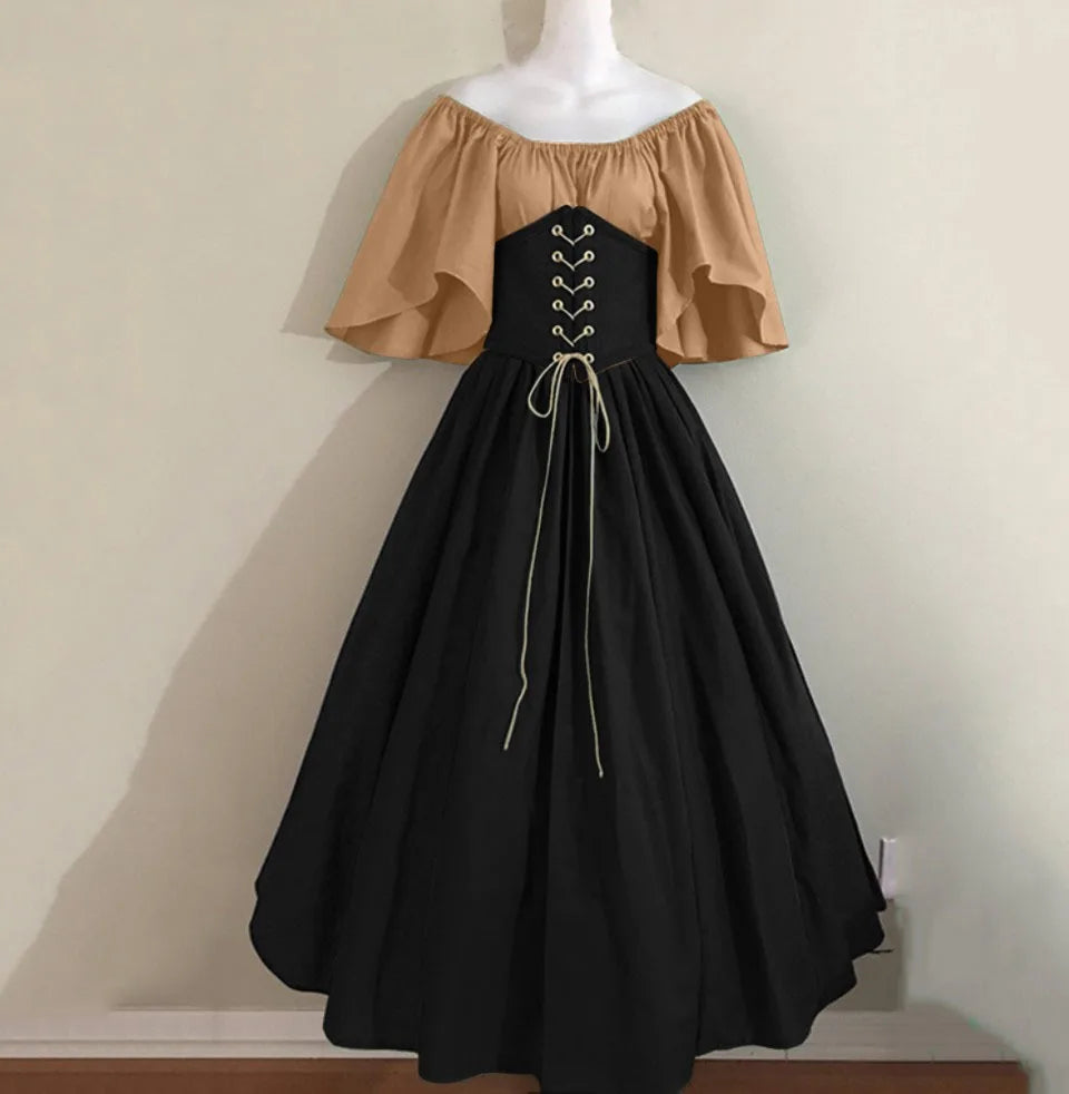 Damen Patchwork Mittelalter Renaissance Kleid Halloween Gothic schulterfreies Retro Langes Kleid So ist Leben