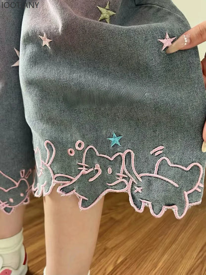 Damen High-Waist Jeans mit Niedlicher Cartoon-Katzen-Stickerei, Vintage Y2K Kleidung, Wadenlange Denim-Hosen, Harajuku Blaue Streetwear So ist Leben