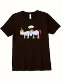Herren & Damen Schwarzes Atmungsaktives Kurzarm-T-Shirt mit Weißem Cartoon-Pferd & Jockey-Aufdruck - Lässiger Rundhalsausschnitt Sommer So ist Leben