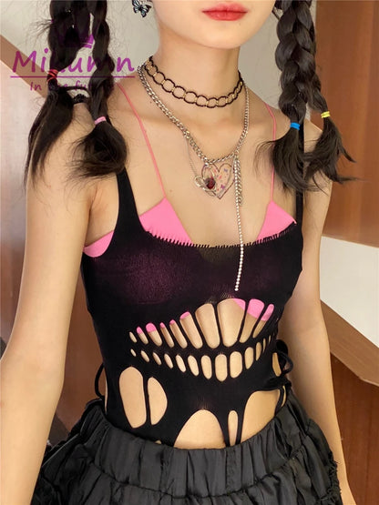 Punk Rock Sexy Cut Out Ärmellose Camis Tank Top Y2k Harajuku Gothic Frauen Elastische Hosenträger Mesh Leibchen Chic Streetwear So ist Leben