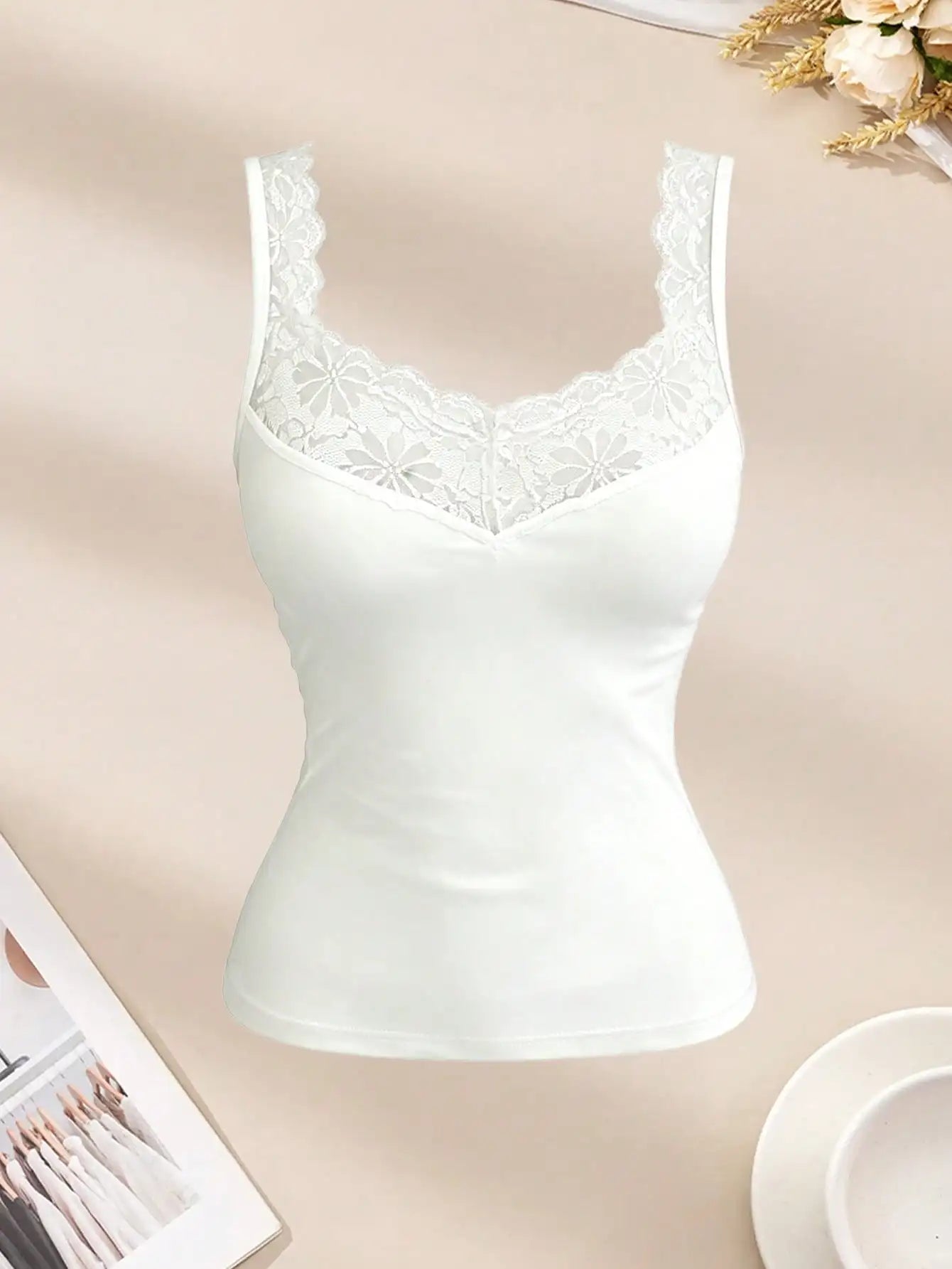 2-teiliges Camisole-Weste-Set mit Spitzenkragen und integriertem BH, einfarbige, ärmellose, weiche Damenunterwäsche, Sommer-Reise-Essentials-Weste-Set, S So ist Leben