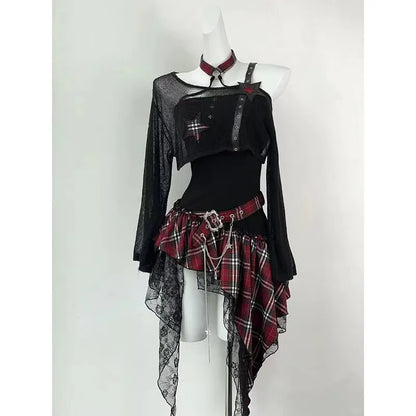 Gothic Harajuku 2-teiliges Set Damen Vintage Y2k Crop Top Bluse + Schwarz Hohe Taille Retro Rock Gürtel Party Vintage Sets Chic So ist Leben