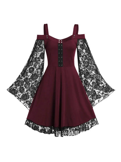 2022 neue Gothic Eine-schulter Spitze Nähte Ausgestellte Ärmel Kleid Literarischen Vintage Herbst Grunge Schwarz A-line Kleid Punk Party So ist Leben