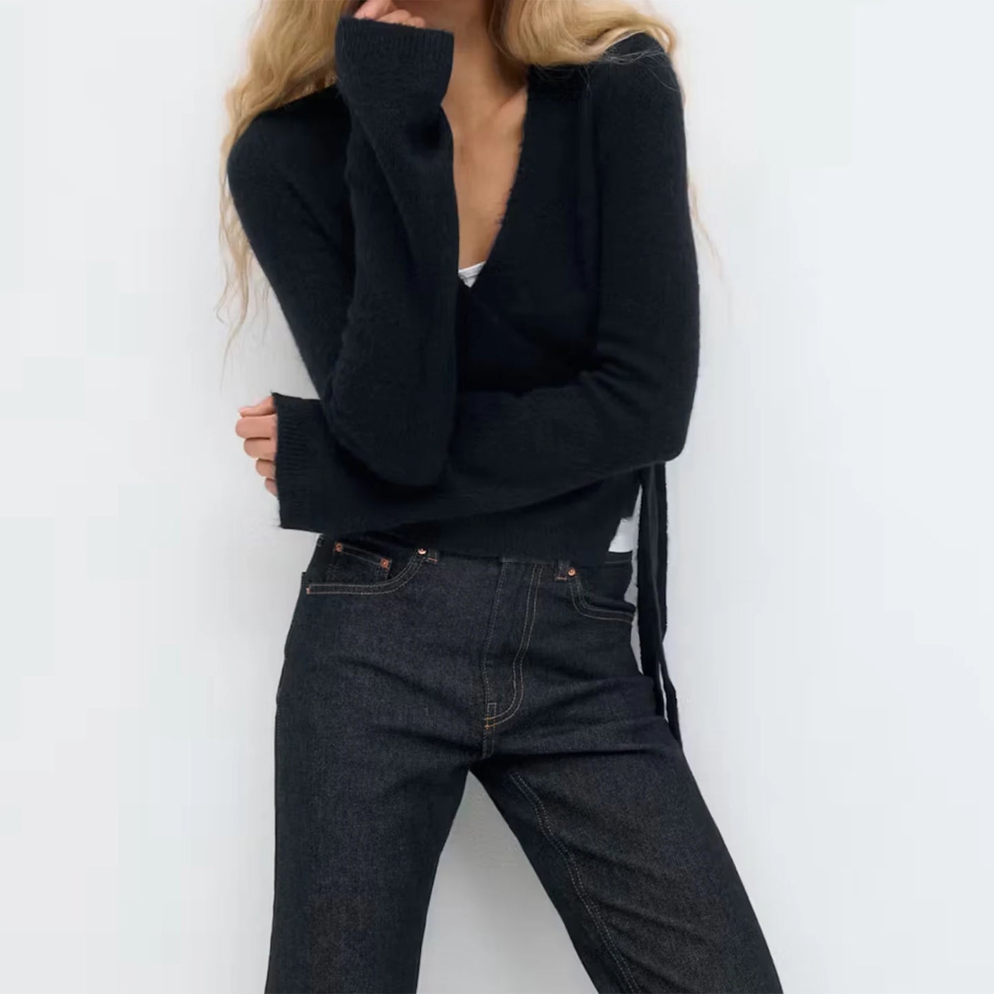 Frauen Krawatte Vorne Wrap Strickjacke Tops Y2K Einfarbig V-ausschnitt Langarm Crop Knit Pullover Casual Winter Herbst Kleidung So ist Leben