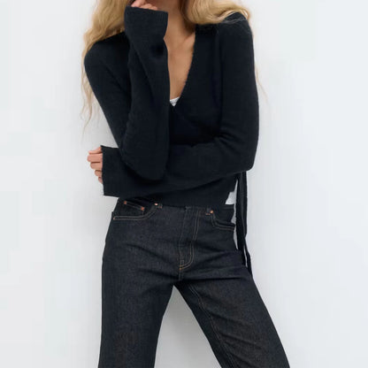 Frauen Krawatte Vorne Wrap Strickjacke Tops Y2K Einfarbig V-ausschnitt Langarm Crop Knit Pullover Casual Winter Herbst Kleidung So ist Leben