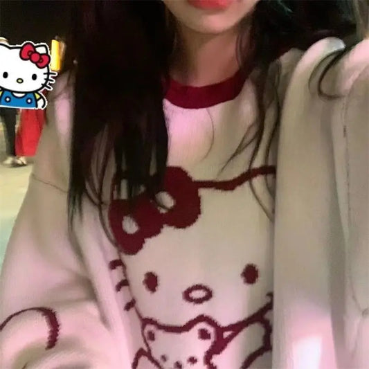 Sanrio Hello Kitty Kawaii Pullover Anime Frühling Winter Preppy Strickpullover Langarm Mädchen Oberteile Lockerer O-Ausschnitt Trend Süß So ist Leben
