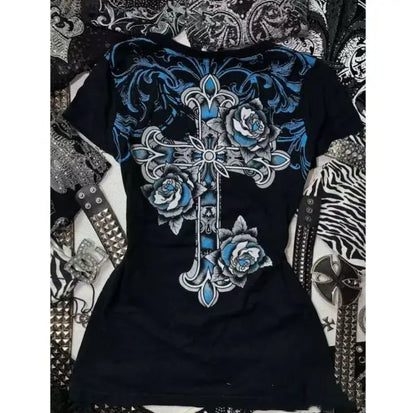 Rock Gothic Streetwear Brief Kreuz Grafik T-shirts Gyaru 2000s Kleidung Harajuku Top Frauen V-ausschnitt Tees Süße Y2k Vintage t-shirt So ist Leben