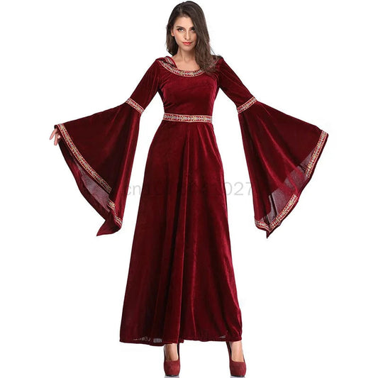 Mittelalter liches Retro viktoria nisches Kleid für Frauen Halloween Party Vampir Hexen kostüm Gothic Red Flare Ärmel Kapuze langes Kleid Vestidos So ist Leben