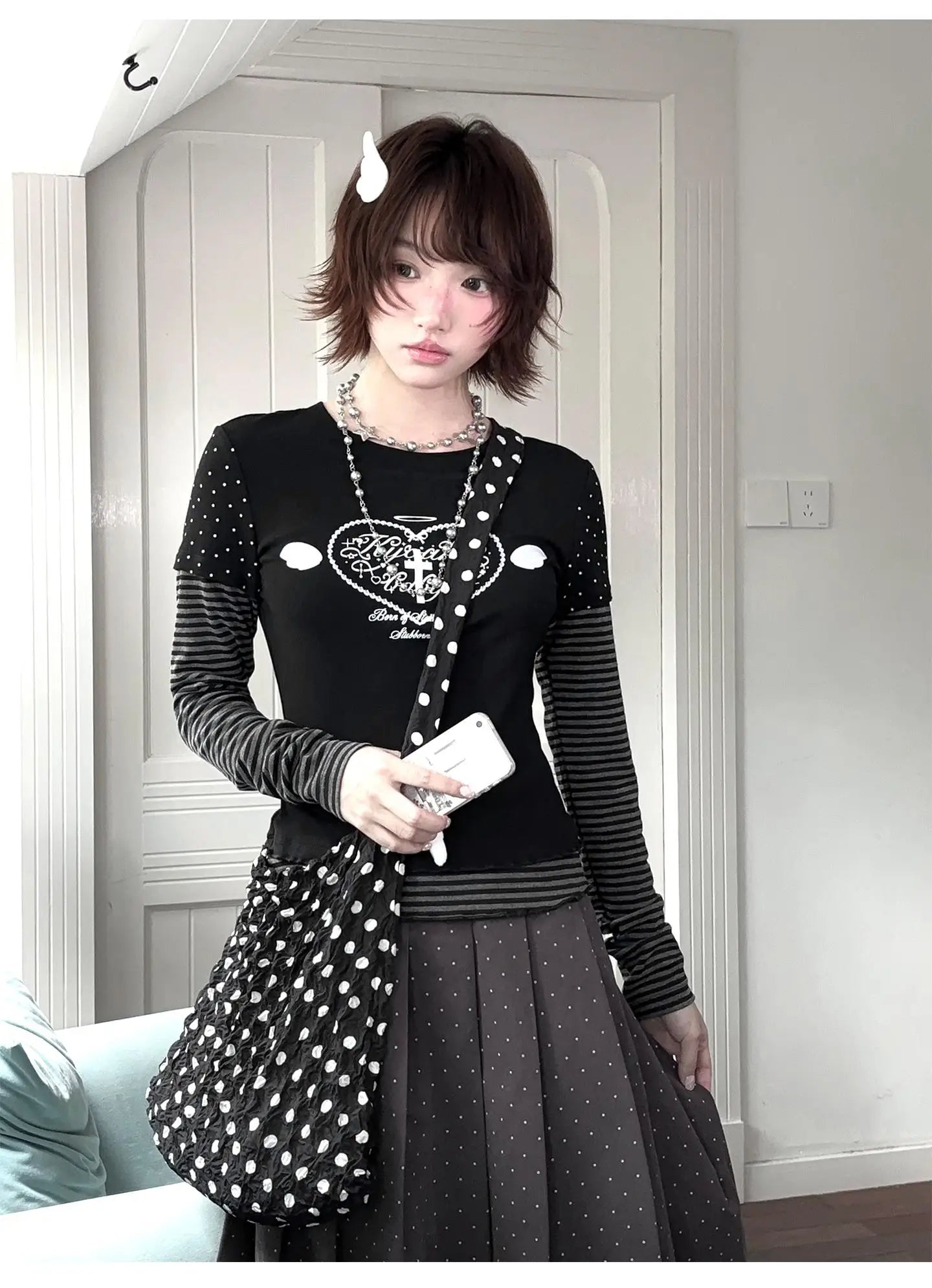 Genayooa Y2k Fairycore Damen T-Shirt Patchwork Langarm Print Grafik Tops Streetwear Ästhetische 2000er Jahre T-Shirts Japanischer Stil So ist Leben