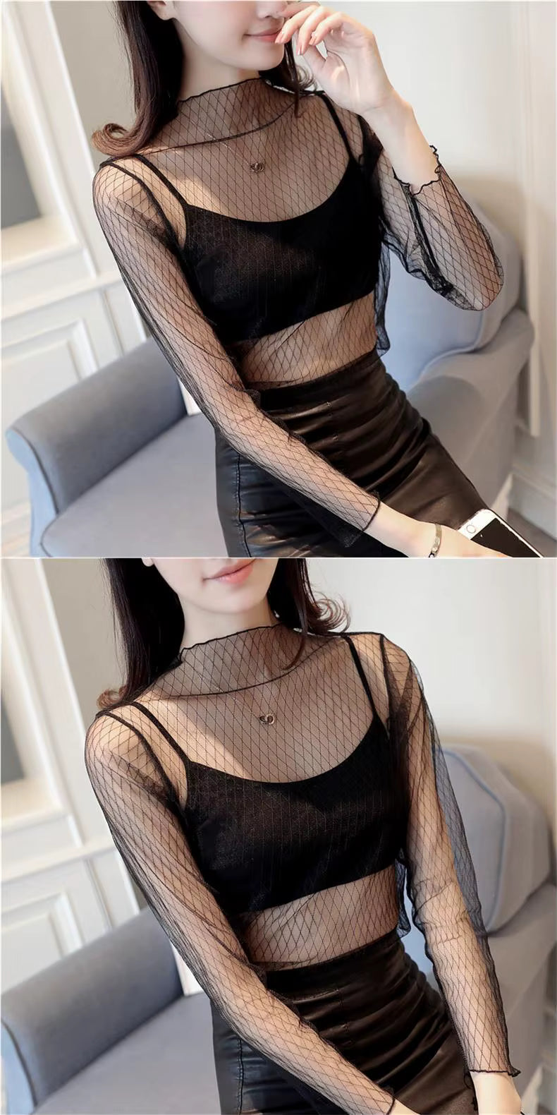 Damen Mesh Langarmshirt Modern mit Spitzenakzent So ist Leben