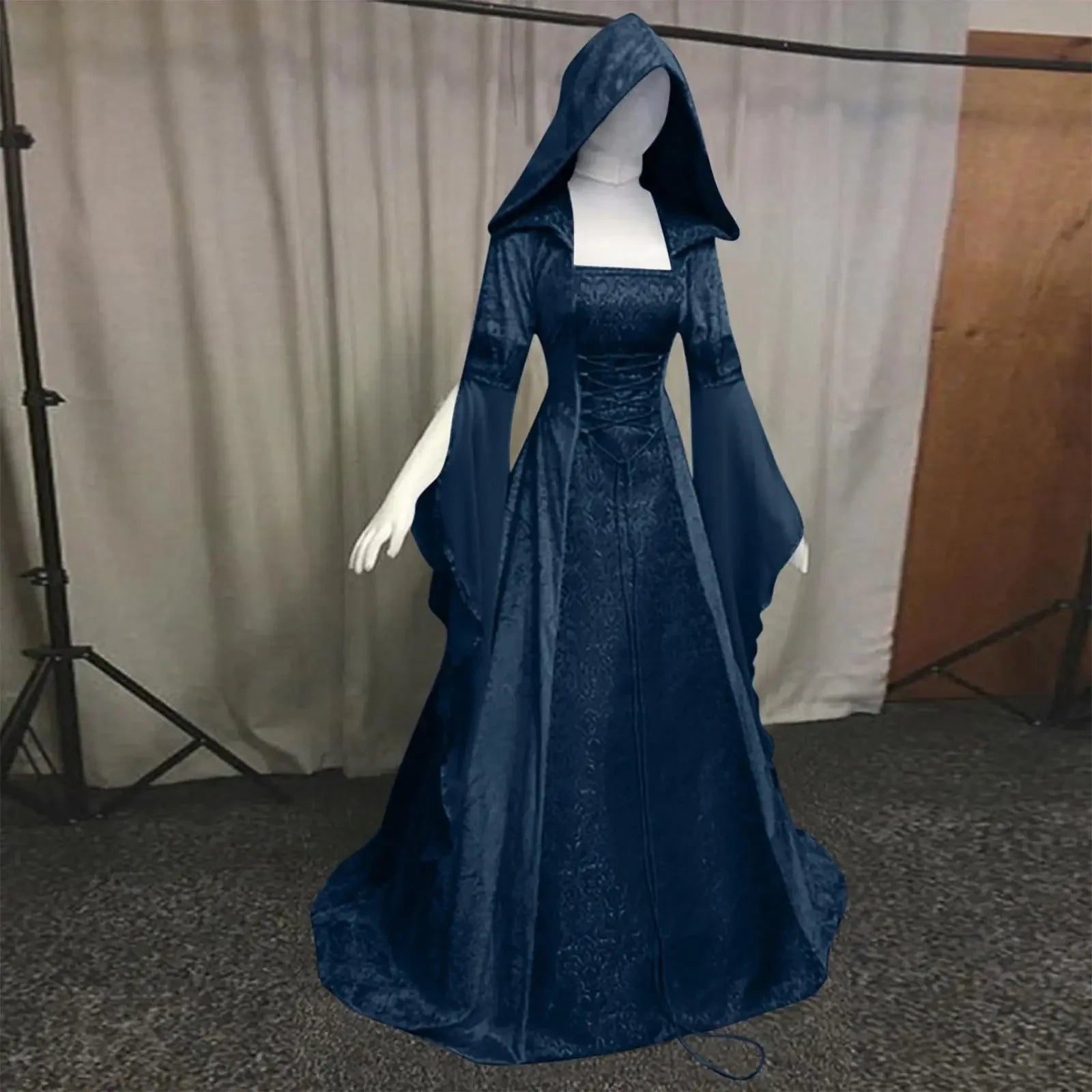 Frauen Deluxe Hexen kleid mittelalter liche Renaissance Maxi Zug Kleid Halloween Teufel heid nische Hexe Hochzeit cos Kostüm Kapuzen kleid Robe So ist Leben
