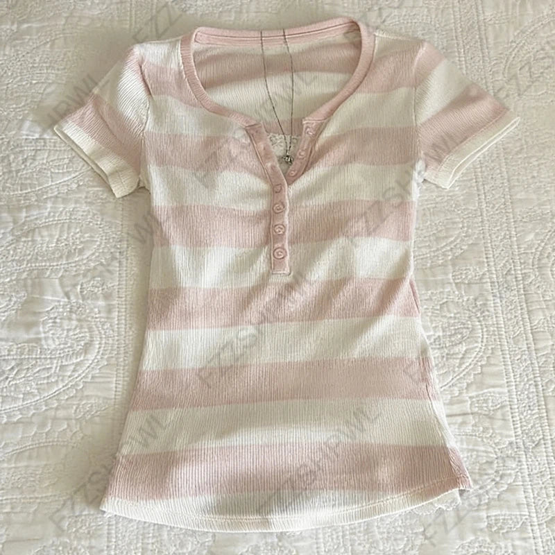 Y2K Süßes rosa Damen-Kurzarmshirt, lässig, schmal geschnitten, schick, zweiteiliges Crop-Top, Harajuku, Vintage, gestreift, Gyaru Streetwear So ist Leben