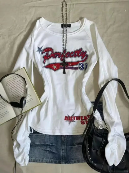 Amerikanischen Vintage Print T-shirt Frauen Ästhetischen Punk Design Langarm Gothic Y2k Tops Subkultur Casual Retro Harajuku Tees So ist Leben