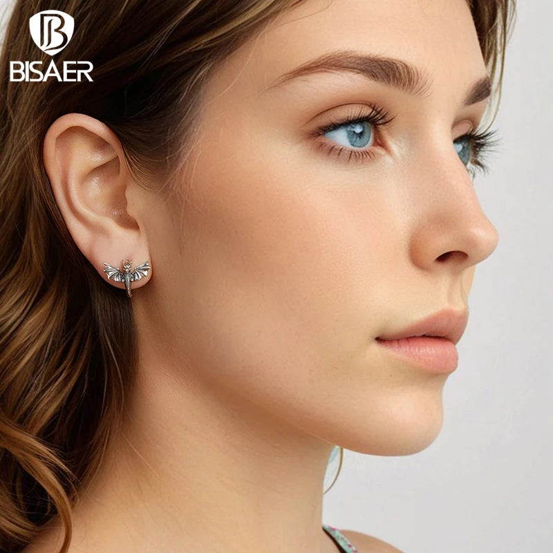 BISAER Echt 925 Sterling Silber Fliegender Drache Creolen Retro 3D Drachen Ohr Haken für Punk Hip Hop Frauen Party Edlen schmuck So ist Leben