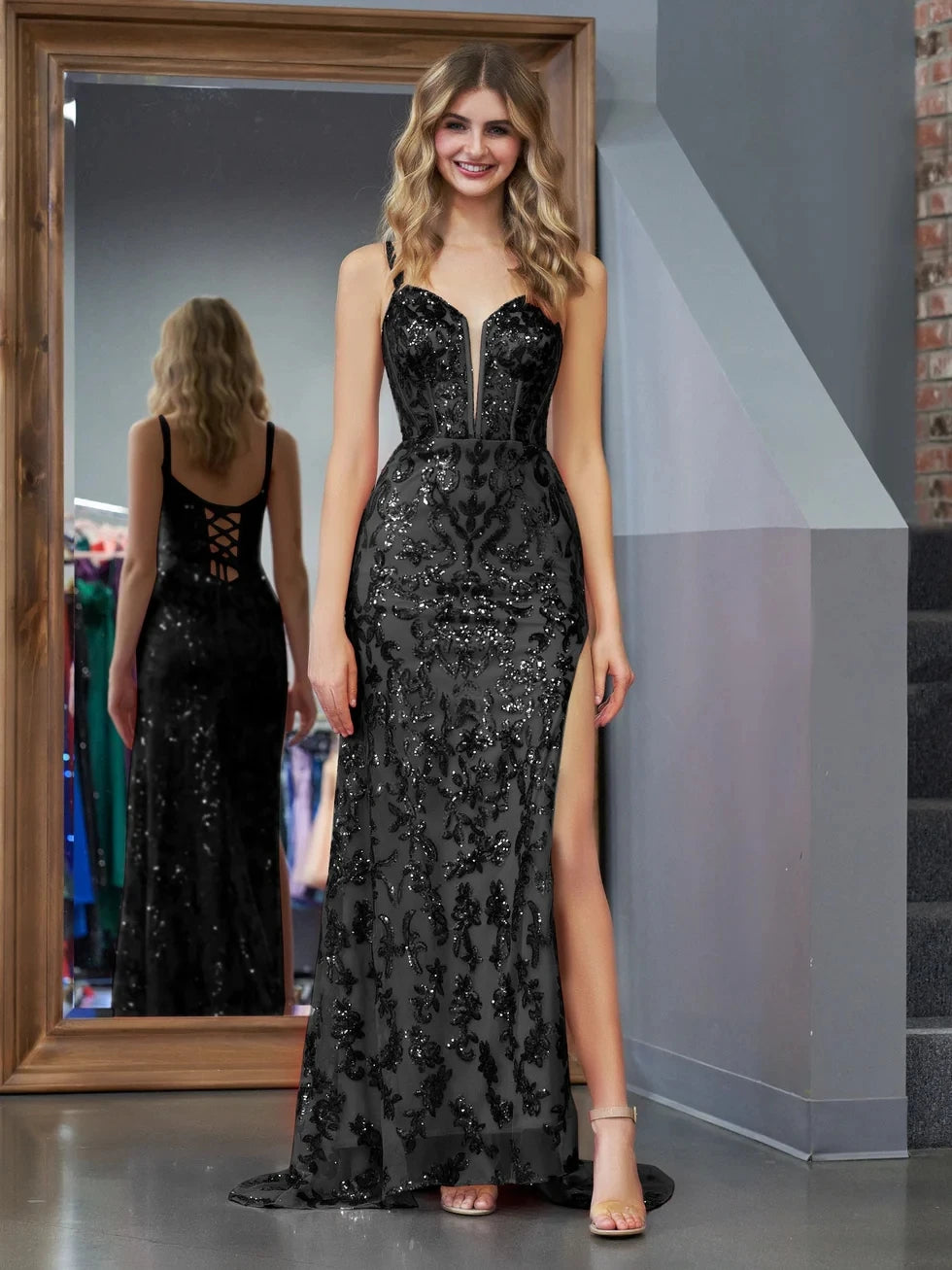 Maßgeschneidertes schwarzes, elegantes, mit Spitze besticktes Meerjungfrau-Abschlussballkleid, sexy seitliches Spaghettiträger-Abschlussballkleid, hochwertiger Retro-formaler Klassiker So ist Leben