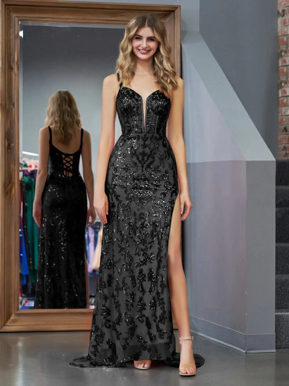 Maßgeschneidertes schwarzes, elegantes, mit Spitze besticktes Meerjungfrau-Abschlussballkleid, sexy seitliches Spaghettiträger-Abschlussballkleid, hochwertiger Retro-formaler Klassiker So ist Leben