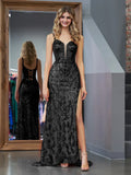 Maßgeschneidertes schwarzes, elegantes, mit Spitze besticktes Meerjungfrau-Abschlussballkleid, sexy seitliches Spaghettiträger-Abschlussballkleid, hochwertiger Retro-formaler Klassiker So ist Leben