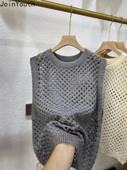 Vintage Stricken Pullover Weste frauen Kleidung Oansatz Ärmel Lose Tanks Aushöhlen Casual Chic Crop Tops 2025, Ropa Mujer So ist Leben