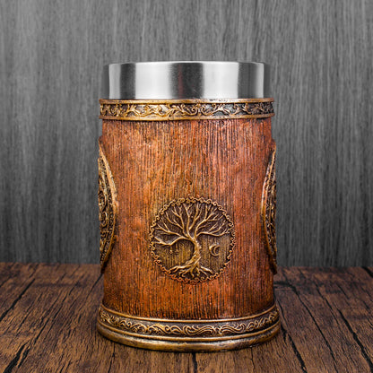 Neue Wikinger Baum des Lebens Tasse 3D Harz Becher 304 Edelstahl Tankard Nordic Dekor Stein Kaffeetasse Männer Geschenk So ist Leben