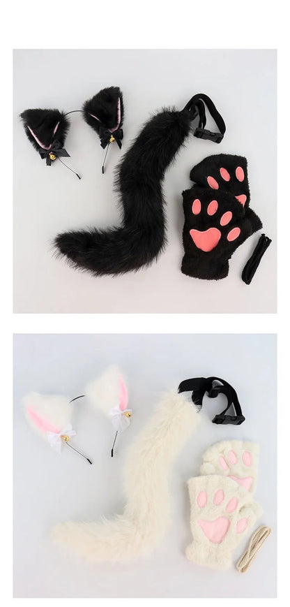 Halloween-Katzen-Kostüm-Set für Mädchen, Cosplay, Halloween-Katzen-Kostümzubehör mit Stirnband, Schwanz, Handschuhe, 3-teilig So ist Leben