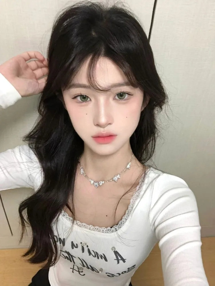Frauen sexy y2k ästhetische Patchwork Spitze T-Shirt koreanische Harajuku Diamant Brief druck T-Shirts Mode Vintage Bottom ing Crop Top So ist Leben