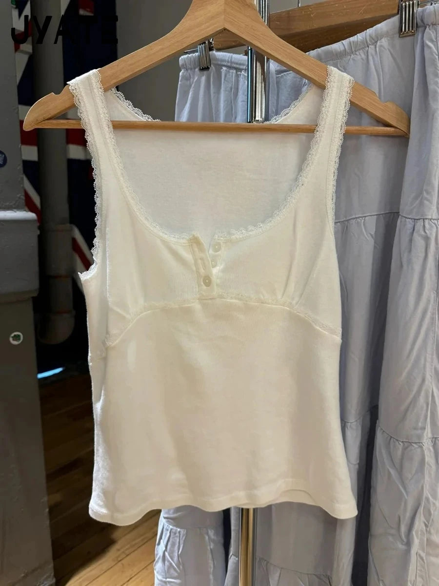Süße Spitze Patchwork Schlank Tank Tops Frauen Sommer Weiß Sexy Einfache Baumwolle Weiche Ärmellose Westen Weibliche Vintage Chic Y2K Leibchen So ist Leben