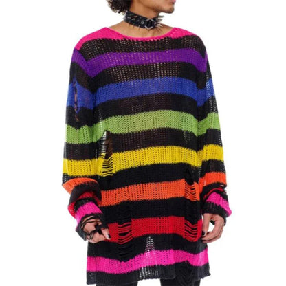 Goth Punk Gothic Pullover Übergroße Pullover Frauen Gestreiften Cool Aushöhlen Loch Gebrochen Jumper Harajuku Ästhetik Pullover So ist Leben