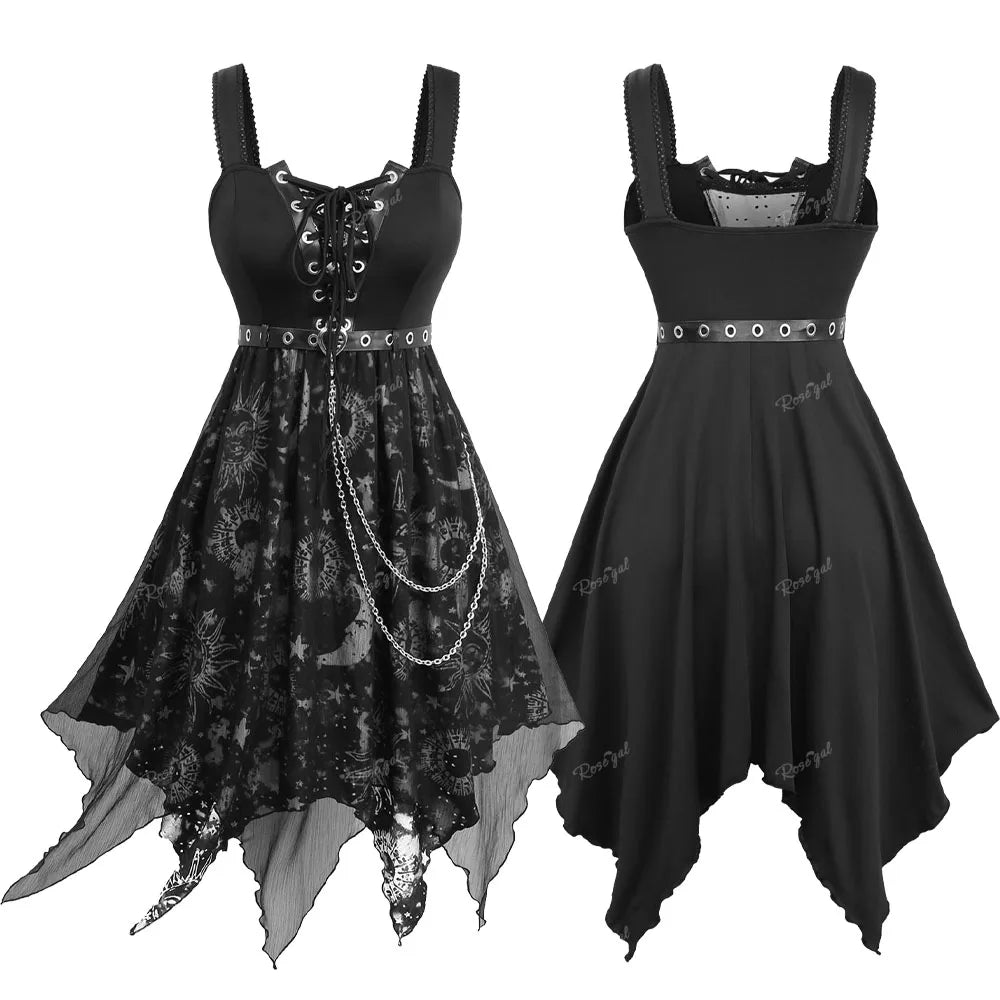 ROSEGAL Plus Size Sun Moon Star Gothic Kleider Vestidos Damen Schnür-Tülle ärmelloses Midikleid mit Gürtel und Kette So ist Leben