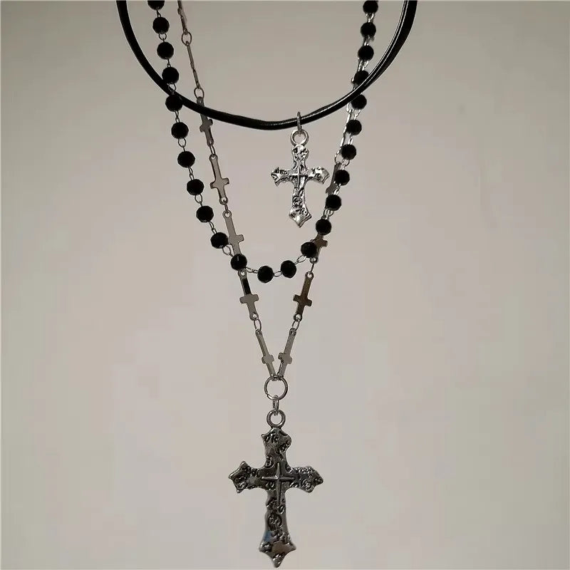Gothic Y2K Metall Kreuz Anhänger Multi Layer Perlen Halskette Für Frauen Männer Vintage Punk Grunge EMO Charme Schmuck Zubehör Geschenk So ist Leben
