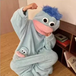 Generisches Big Mouth Monster Coral Fleece Onesie Pyjama Winter Dick Warm Hässlich Niedlich Lustig Haariger Erwachsenen-Loungewear Grün Hellblau So ist Leben