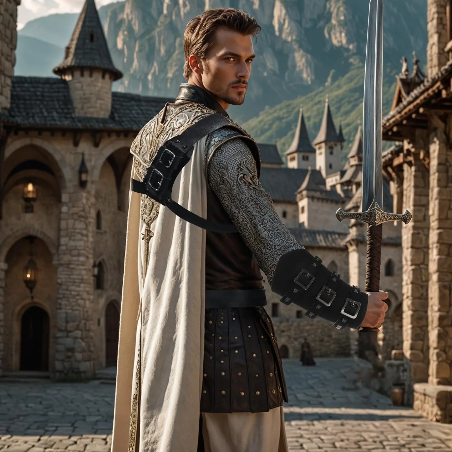 1/3 Stück Herren-Renaissance-Kostüm, mittelalterlicher Ritter, Halloween, mittelalterlicher Pirat, Wikinger, Leder, Taillengürtel, Armschiene, Rückseite, Schwert, Frosch So ist Leben