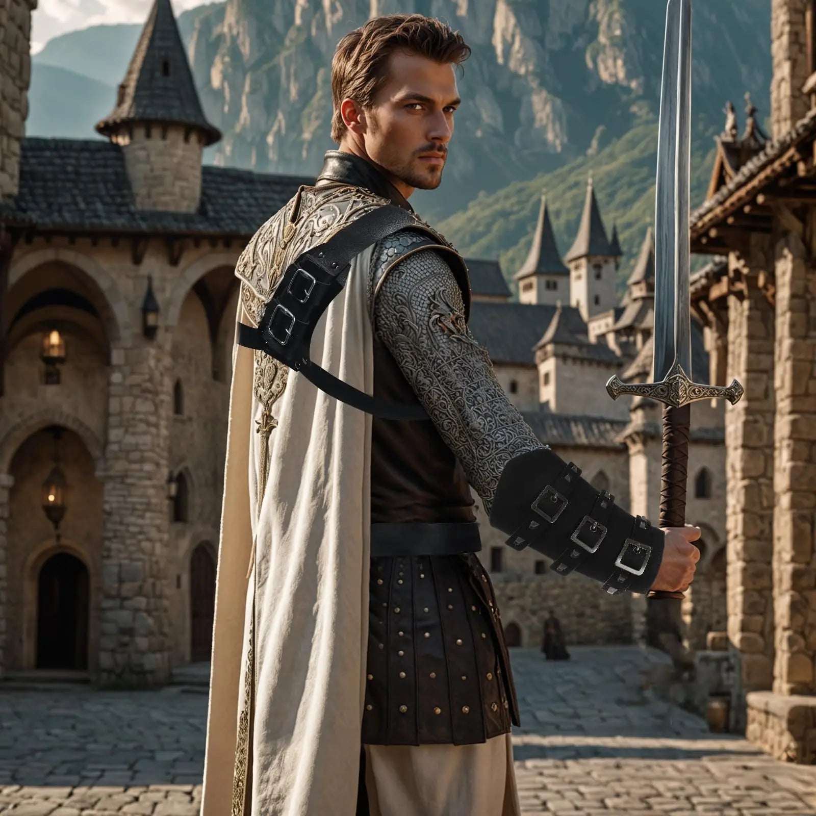 1/3 Stück Herren-Renaissance-Kostüm, mittelalterlicher Ritter, Halloween, mittelalterlicher Pirat, Wikinger, Leder, Taillengürtel, Armschiene, Rückseite, Schwert, Frosch So ist Leben