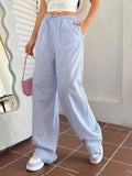 Blau-weiß gestreifte Hose mit weitem Bein, lässige Hose mit elastischem Bund und Kordelzug, lockere und bequeme Hose. So ist Leben