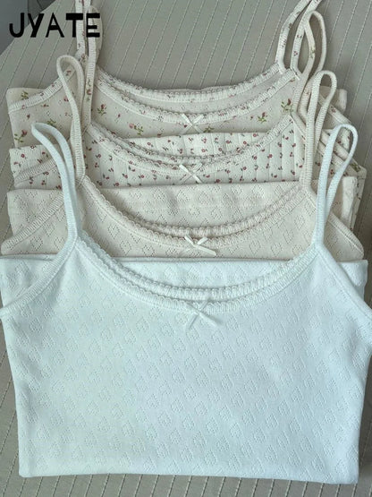 Süße Blumendruck Öse Schleife abgeschnittene Westen Frauen Baumwolle beiläufige dünne Spitzenbesatz Tank Tops Vintage Adrette süße Leibchen Y2K So ist Leben