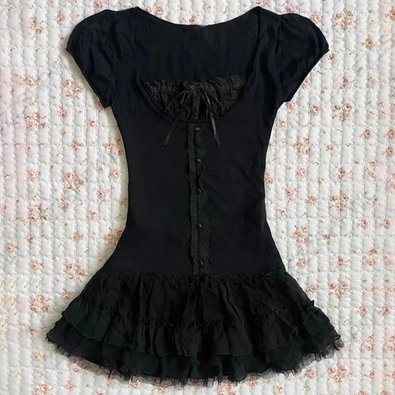 Gothic Harajuku Vintage Y2K Damen Kleid Sexy Slim Chic Casual Lace-up Design Neckholder Kleider Punk Rock Emo Girl Streetwear So ist Leben