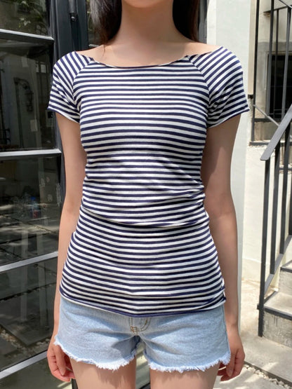 Gerollt Slash Neck Gestreiftes T-Shirt Frauen Sommer Kurzarm Casual Tees Tops Mode Y2K Dünnes T-shirt T-Shirts 2025 So ist Leben