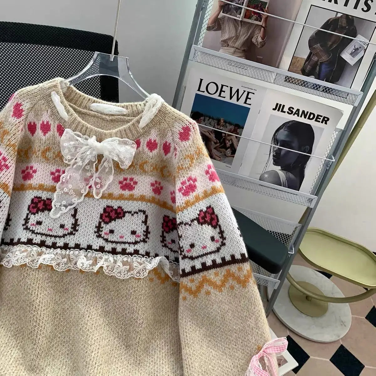 Vintage Hallo Kittys Pullover Herbst Winter Frauen Stricken Langarm Tops Koreanische Mode Rundhals Woolen Pullover Lose Warme So ist Leben