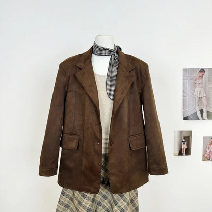 Dunkelbraune Damen-Anzugjacke aus Wildleder, amerikanischer Retro-Stil, lässige Mode, gestricktes Polyester, mittelverdickter Langarmmantel So ist Leben