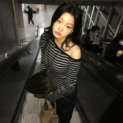 Genayooa Japanisches Y2k-T-Shirt für Damen, langärmelig, schulterfrei, gestreift, Crop-Tops, Y2k-Grunge, 2000er-Jahre, ästhetische Streetwear-T-Shirts So ist Leben