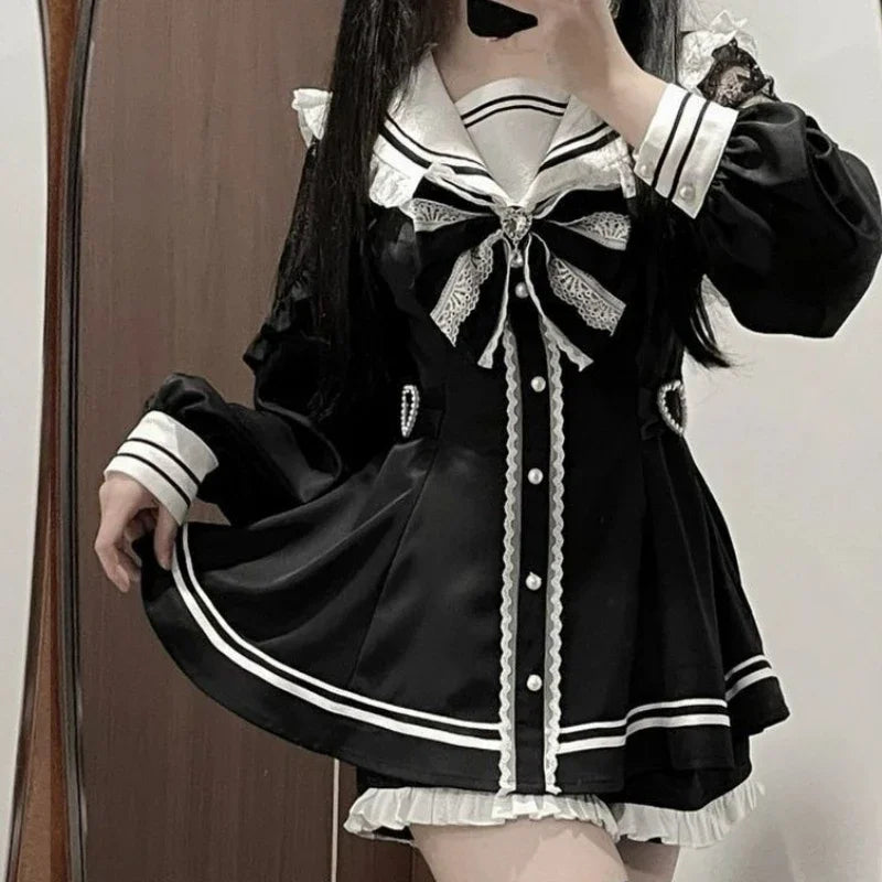 Gothic Lolita Zweiteiler Damen – Modernes A‑Linien Set - So ist Leben