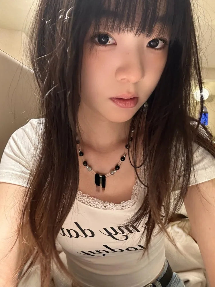 Harajuku u Hals Spitze süße Ernte T-Shirts Frauen schlanken Brief druck y2k ästhetische T-Shirts lässig Vintage Grunge Bottom ing T-Shirts So ist Leben