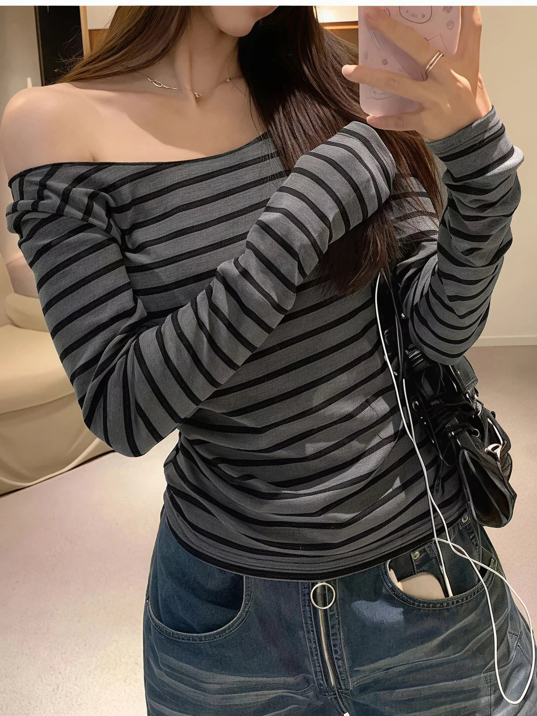 Y2K Damen Off-Shoulder Gestreiftes Langarm-Oberteil mit Kontrast-Halsausschnitt, Slim Fit, Retro Street Casual Layering T-Shirt So ist Leben