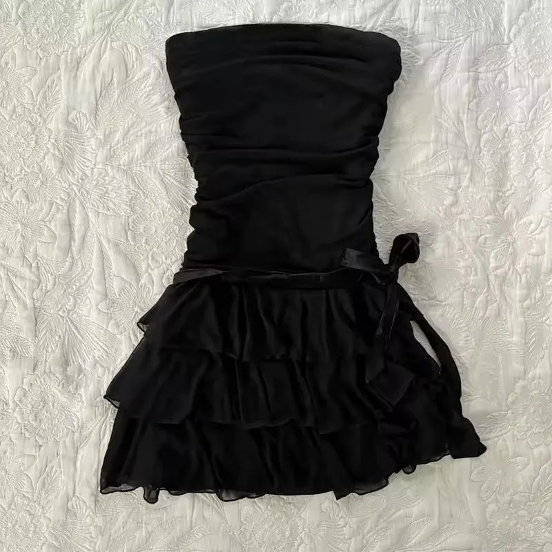 Einfarbiges Kleid mit Schleife und Dekoration, modisches Spitzenrand, lässiges Y2K-Top, emotionales Mädchen, urbane Schönheit, schickes, schlankes, süßes Straßenfrauenkleid So ist Leben