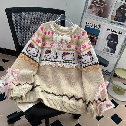 Vintage Hallo Kittys Pullover Herbst Winter Frauen Stricken Langarm Tops Koreanische Mode Rundhals Woolen Pullover Lose Warme So ist Leben