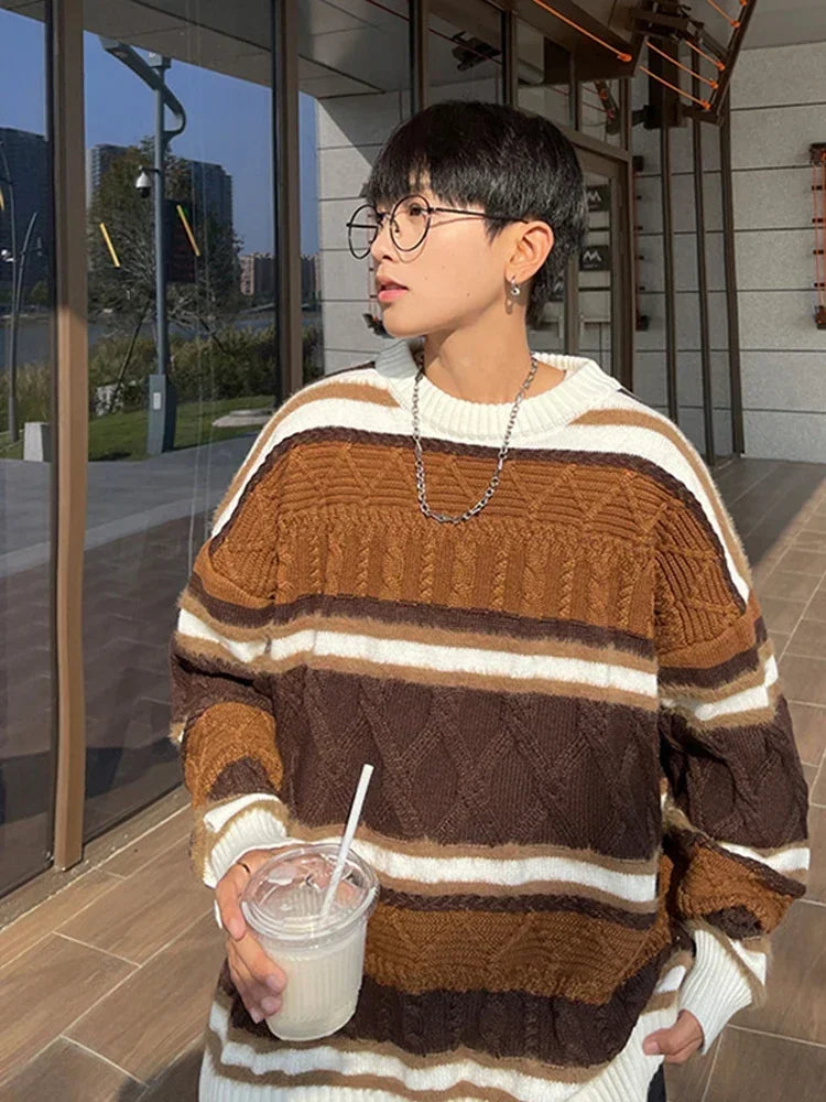 Winter Y2K Vintage Gestreifter Pullover Für Mann 2025, Neue Patchwork Baggy Gestrickte Pullover Koreanische Mode Streetwear Strickwaren Jersey So ist Leben